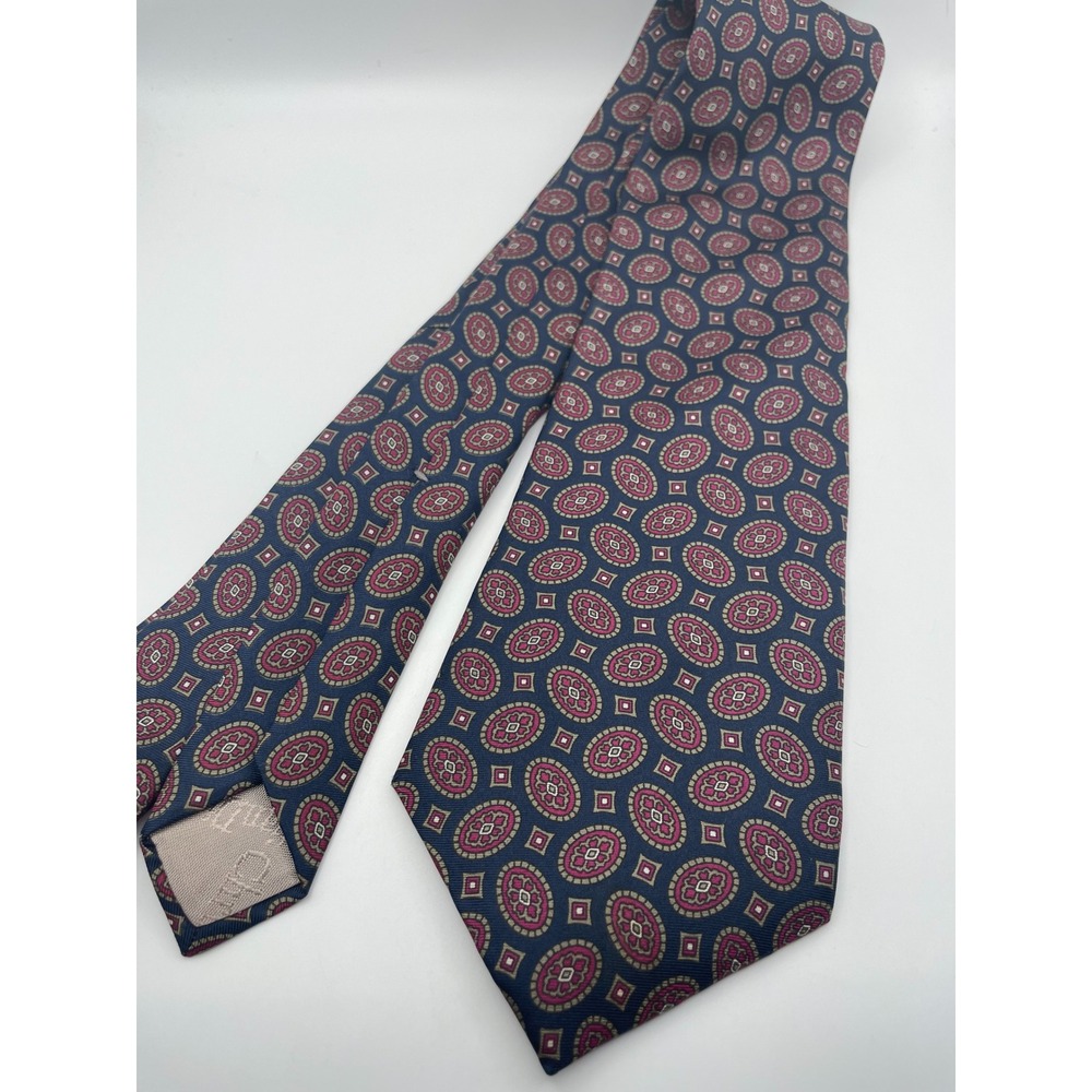Christian Dior Mens Silk Tie Navy Burgundy Geometric Medallion Made in USA Italy